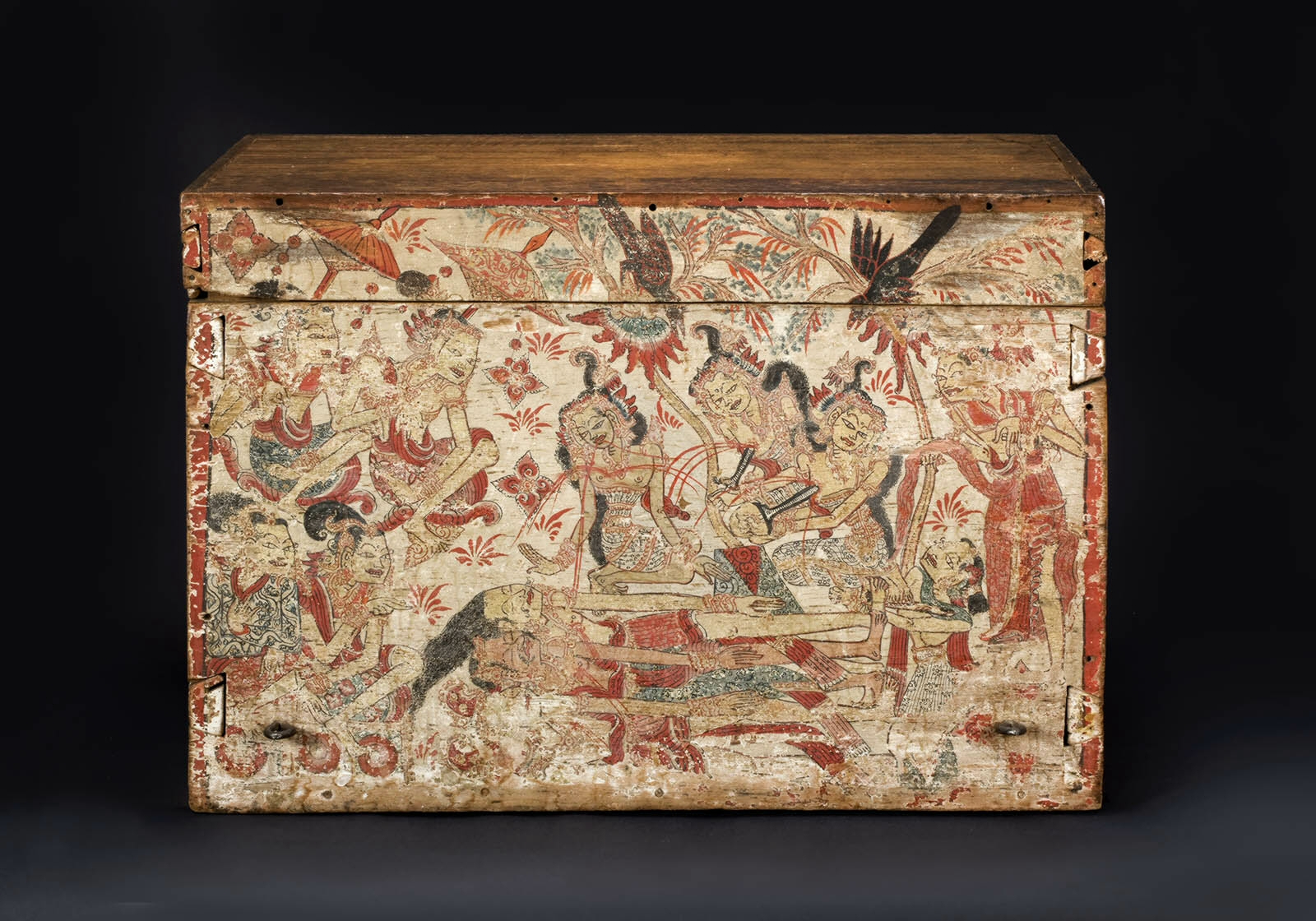Front view of a painted wooden box.