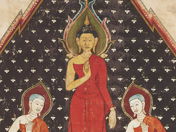 Detail view of a painting of three figures.