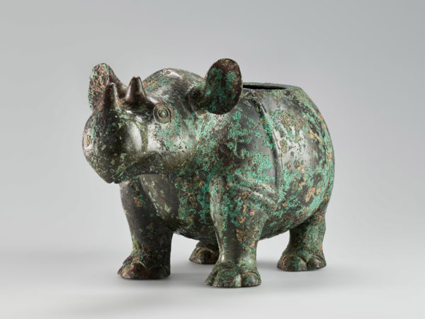 Front view of the bronze rhino.
