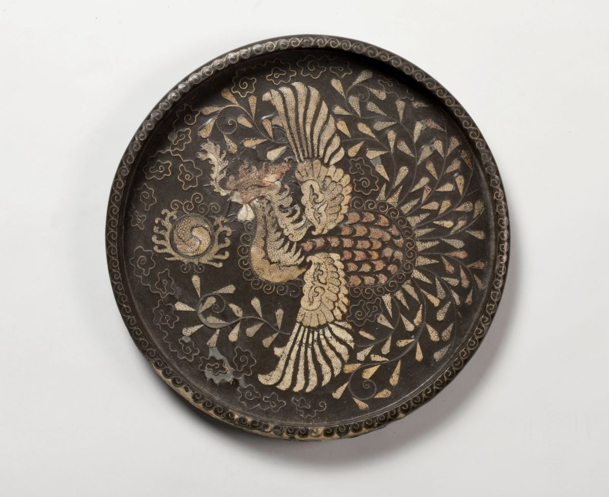 Top view of a Korean lacquered tray with a phoenix motif