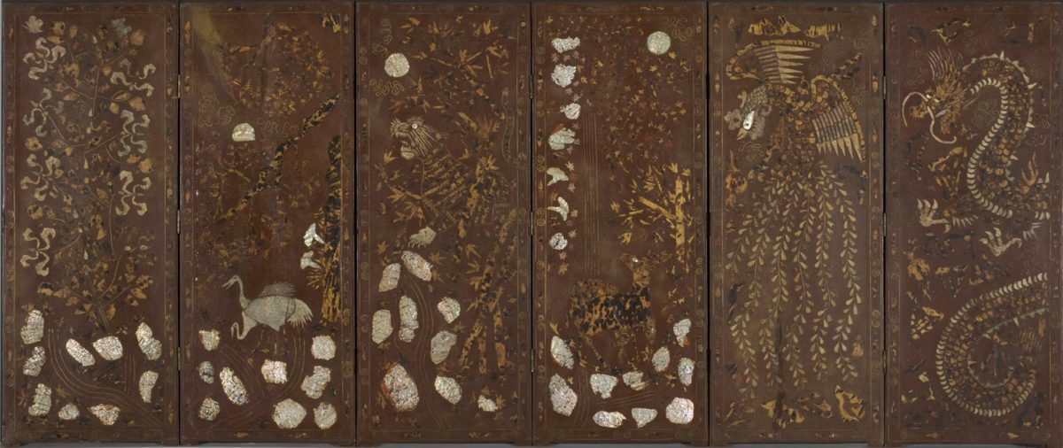 Six-panel folding screen featuring images of a dragon, phoenix, deer, tiger, crane, and peonies