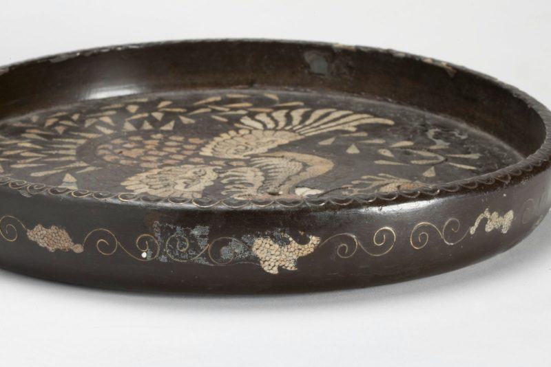 Detail of a Korean lacquered tray with phoenix motif