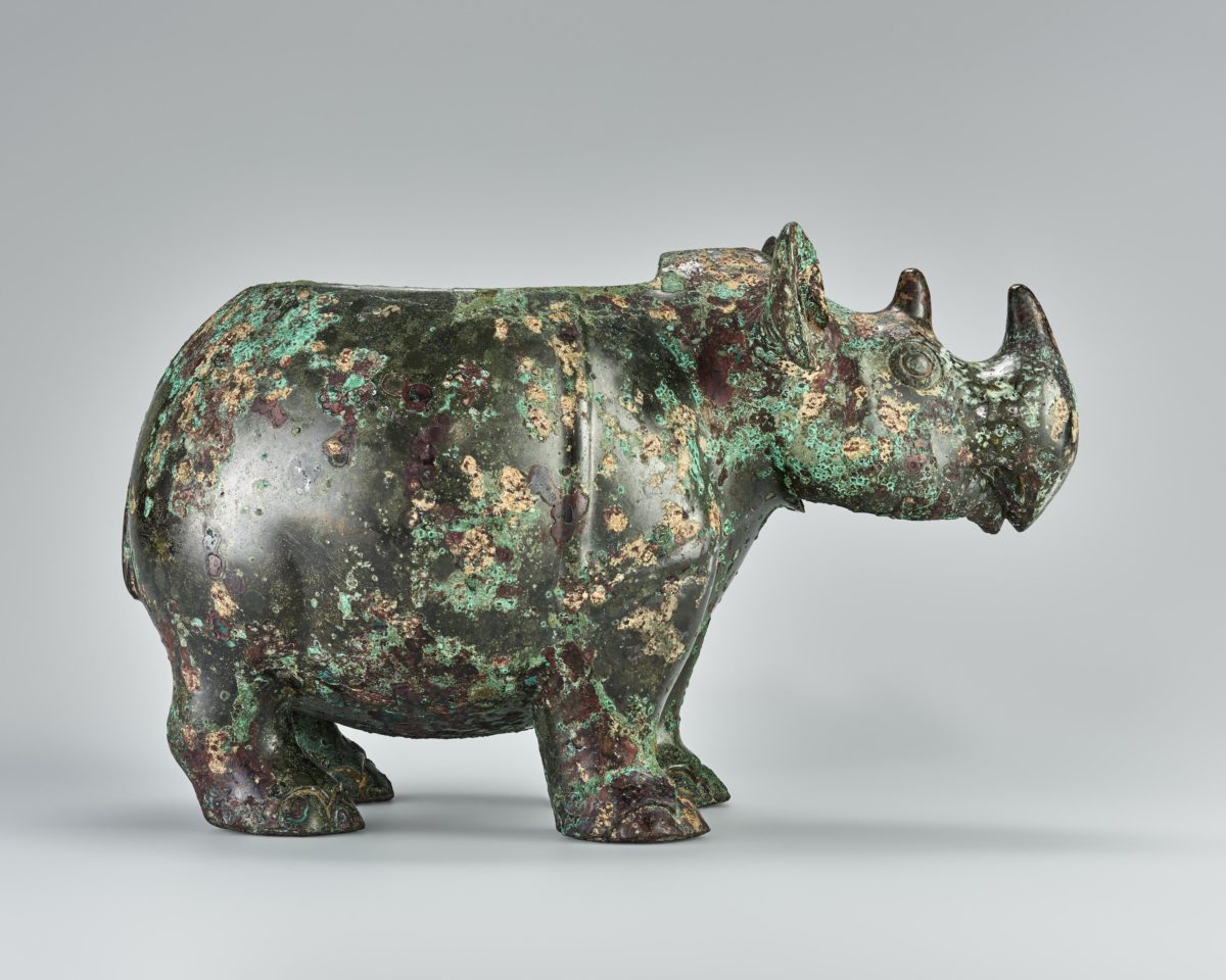 Side view of the bronze rhino.