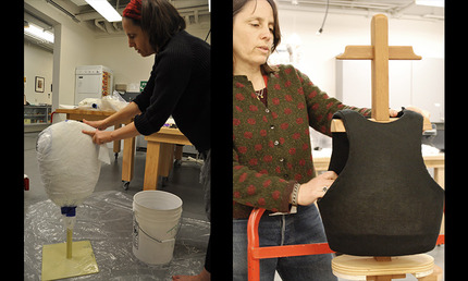 Denise Migdail, textile conservator, fabricates a custom form using heavily starched cotton buckram built up in layers; once dried, the rigid shape is trimmed to a precise shape. After adding padding and a black covering, the new form is attached to the mount.